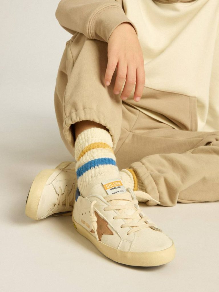 Golden Goose Worn White Bottomwear Selection (4-12 Years) Kids Worn White Kids Socks With Distressed Details And Two-Tone Bright Blue And Mustard Stripes