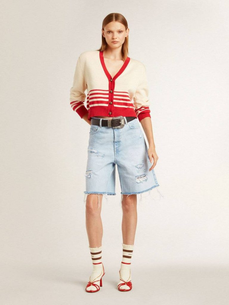 Golden Goose Worn White Women Socks Worn-White Socks With Distressed Details And Brown Stripes