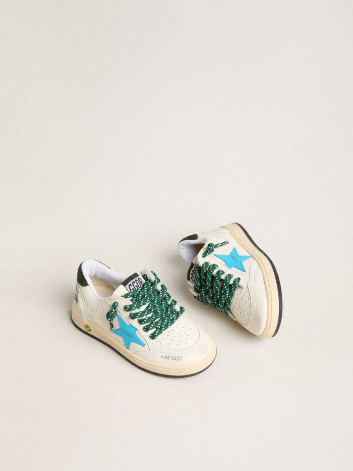 Golden Goose Young Ball Star With Turquoise Star And Green Suede Heel Tab Kids Boys (4-10 Years) White
