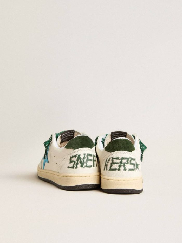 Golden Goose Young Ball Star With Turquoise Star And Green Suede Heel Tab Kids Boys (4-10 Years) White