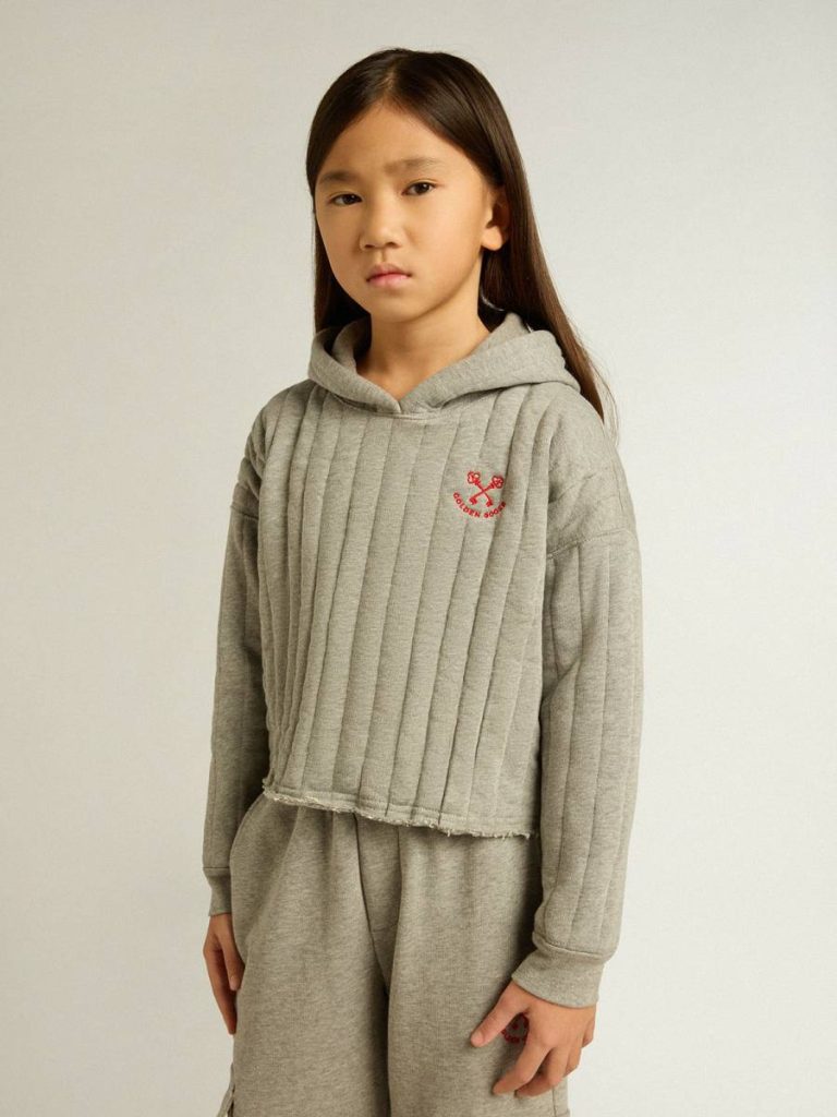 Gray Melange Golden Goose Kids Topwear Selection (4-12 Years) Girls' Cropped Sweatshirt In Gray Melange With A Hood And Embroidery On The Front