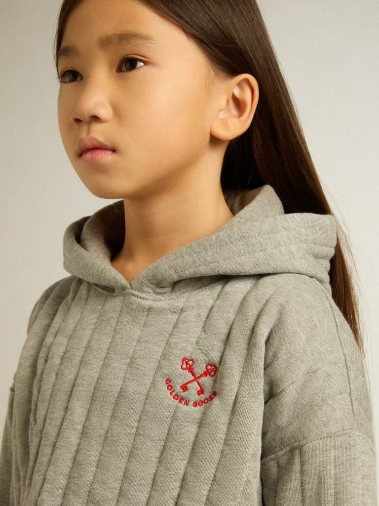 Gray Melange Golden Goose Kids Topwear Selection (4-12 Years) Girls' Cropped Sweatshirt In Gray Melange With A Hood And Embroidery On The Front