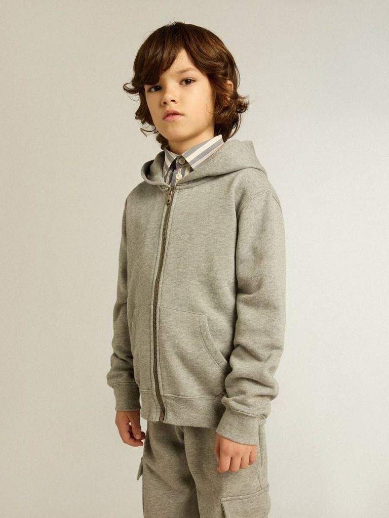 Gray Melange Hooded Sweatshirt With Print On The Back Kids Topwear Selection (4-12 Years) Gray Melange Golden Goose