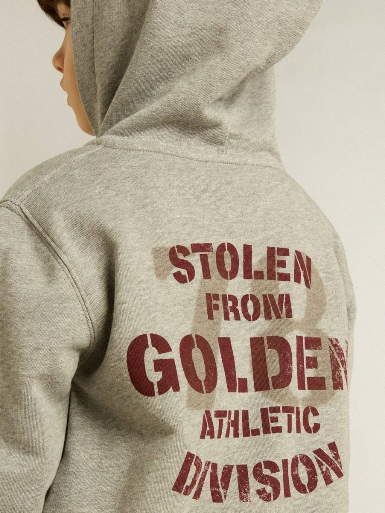Gray Melange Hooded Sweatshirt With Print On The Back Kids Topwear Selection (4-12 Years) Gray Melange Golden Goose