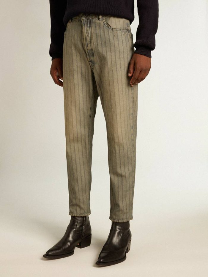 Gray Men Men's Gray Pants In Striped Denim Golden Goose Jeans & Pants