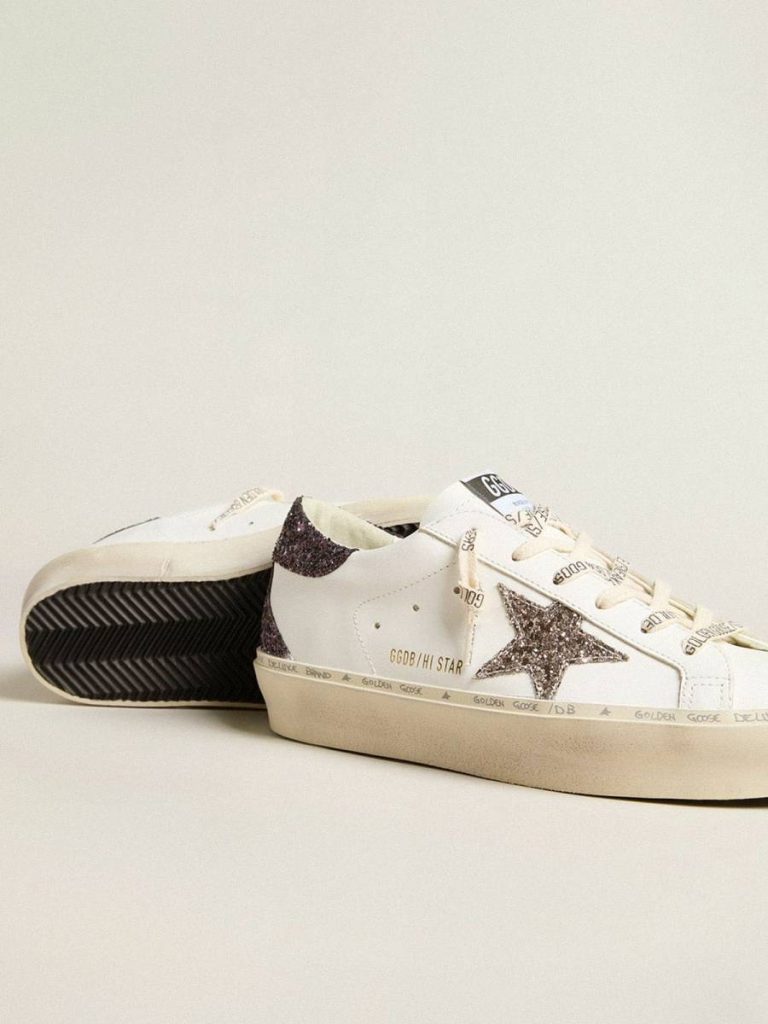 Hi Star Golden Goose Women’s Hi Star With Silver Glitter Star And Ruby Red Glitter Heel Tab White Women