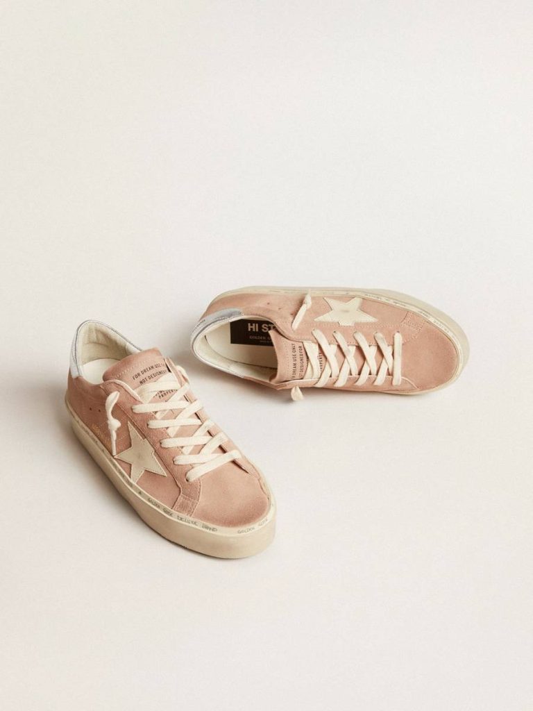 Hi Star Women's Hi Star In Pink Suede With Cream Star And Silver Leather Heel Tab Women Golden Goose