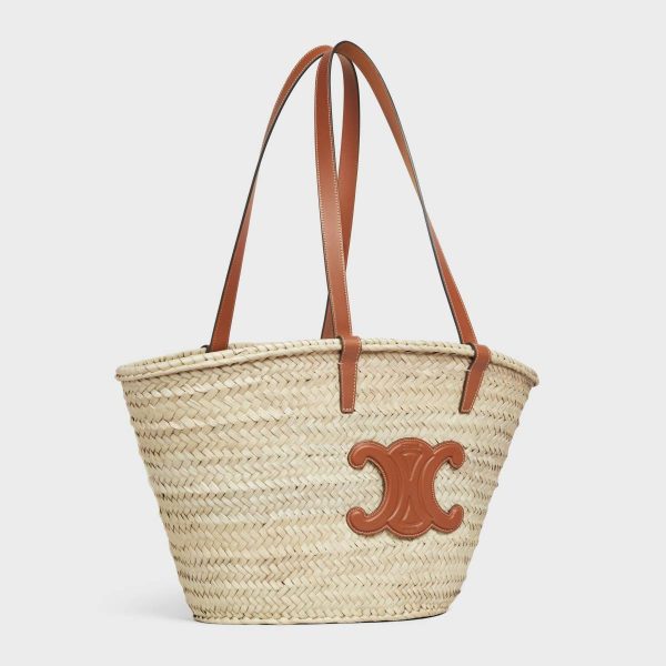 Hobo And Tote Bags Tan Medium Celine Classic Panier In Palm Leaves And Calfskin Women