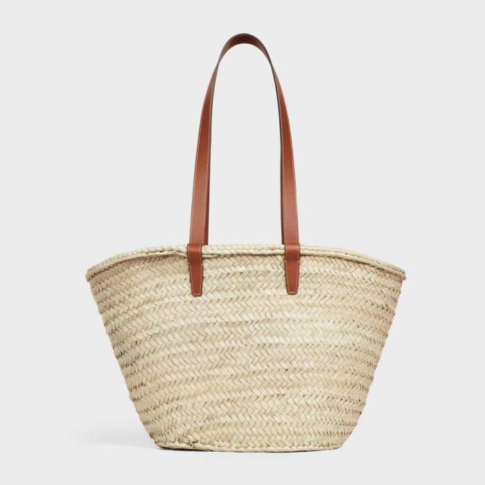 Hobo And Tote Bags Tan Medium Celine Classic Panier In Palm Leaves And Calfskin Women