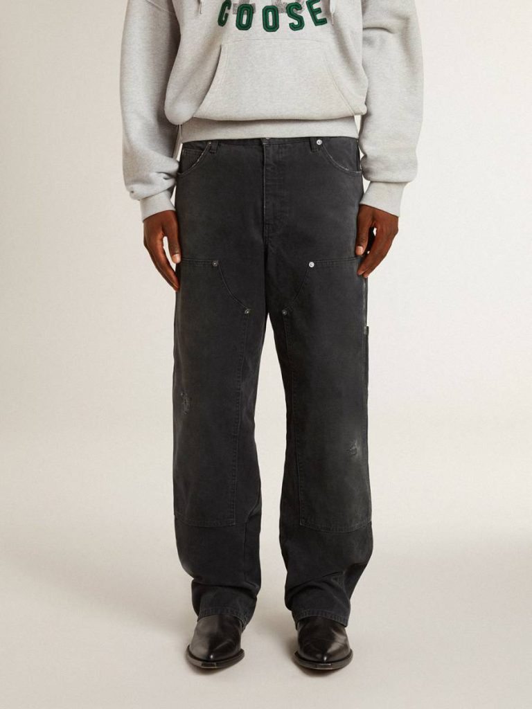 Jeans & Pants Men Men's Distressed Black Cotton Jeans With Front Patches Golden Goose Black