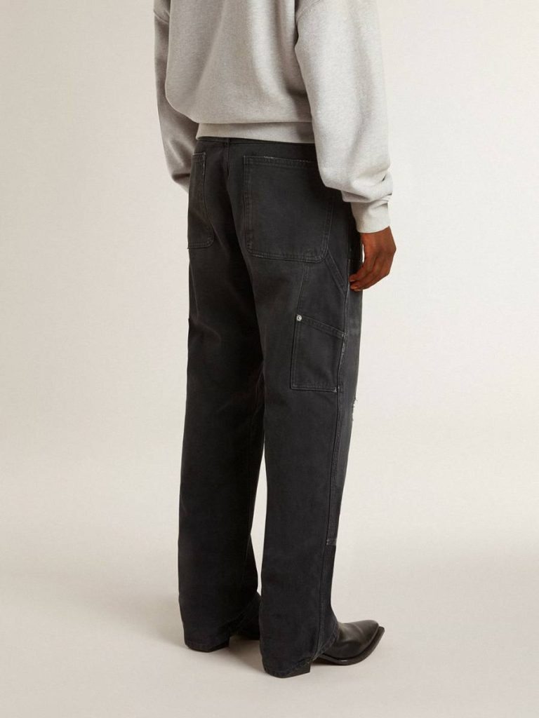 Jeans & Pants Men Men's Distressed Black Cotton Jeans With Front Patches Golden Goose Black