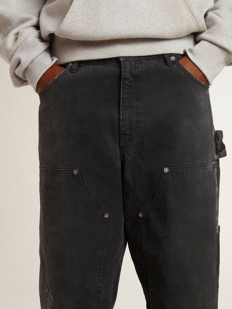 Jeans & Pants Men Men's Distressed Black Cotton Jeans With Front Patches Golden Goose Black