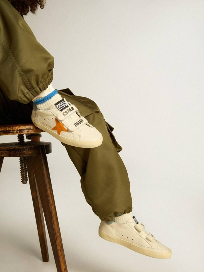 Junior Old School In Leather With Orange Star And Baby Blue Heel Tab Kids Little Boys (1-3 Years) Golden Goose