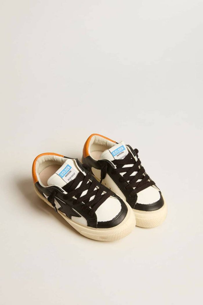 Kids Golden Goose Boys (4-10 Years) May Teen In Black And White Leather With Black Star And Orange Heel Tab White And Black