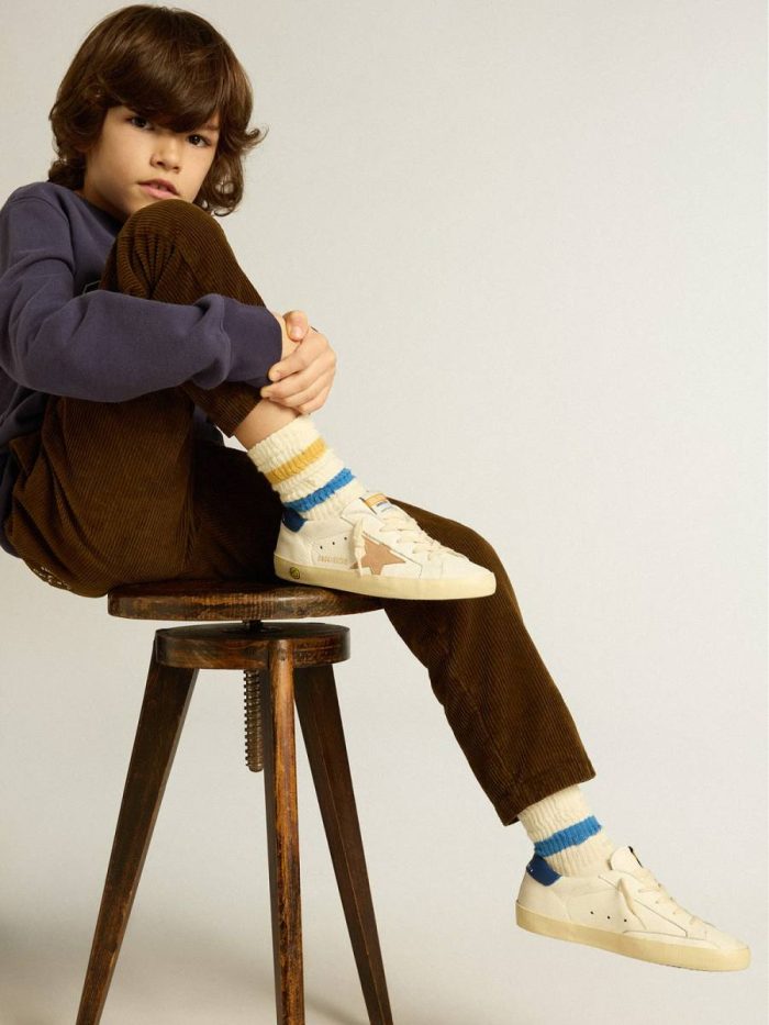 Kids Junior Super-Star In Nappa Leather With A Beige Star And Blue Heel Tab Little Boys (1-3 Years) Golden Goose