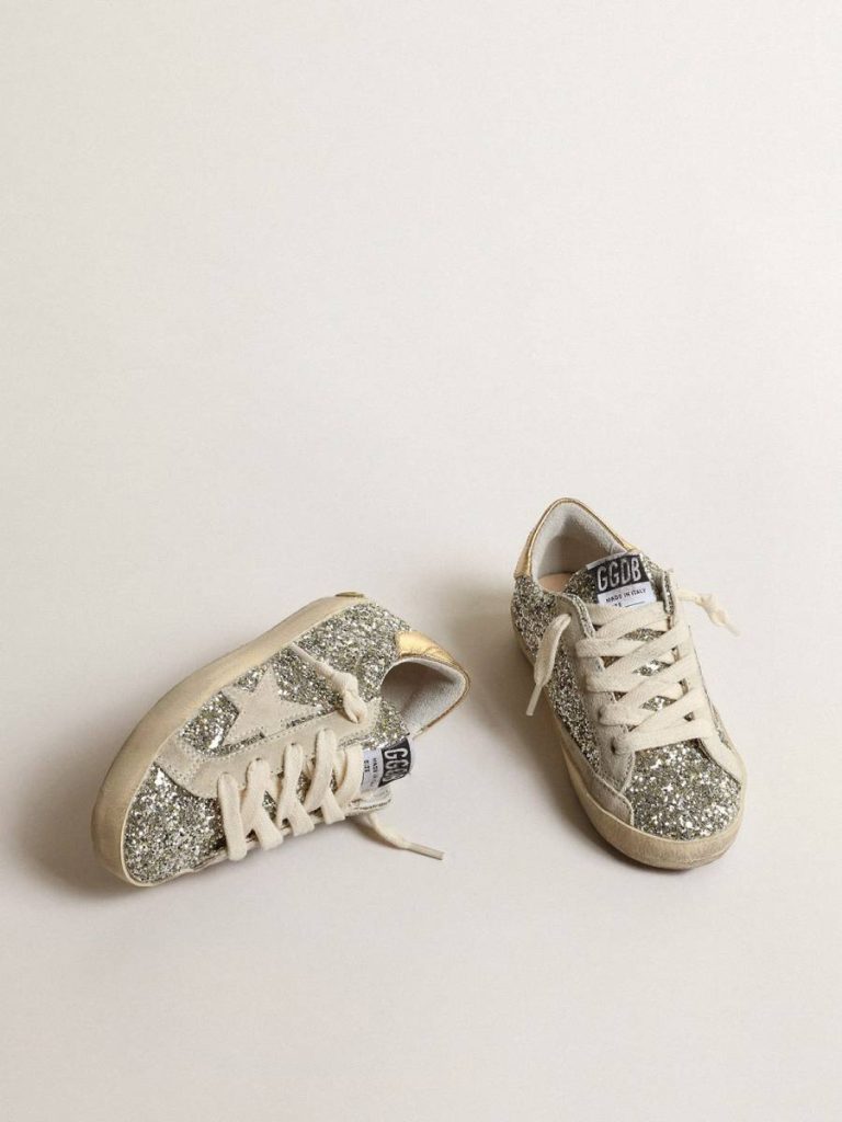 Kids Little Girls (1-3 Years) Super-Star Junior In Glitter With A Suede Star And Gold Heel Tab Golden Goose
