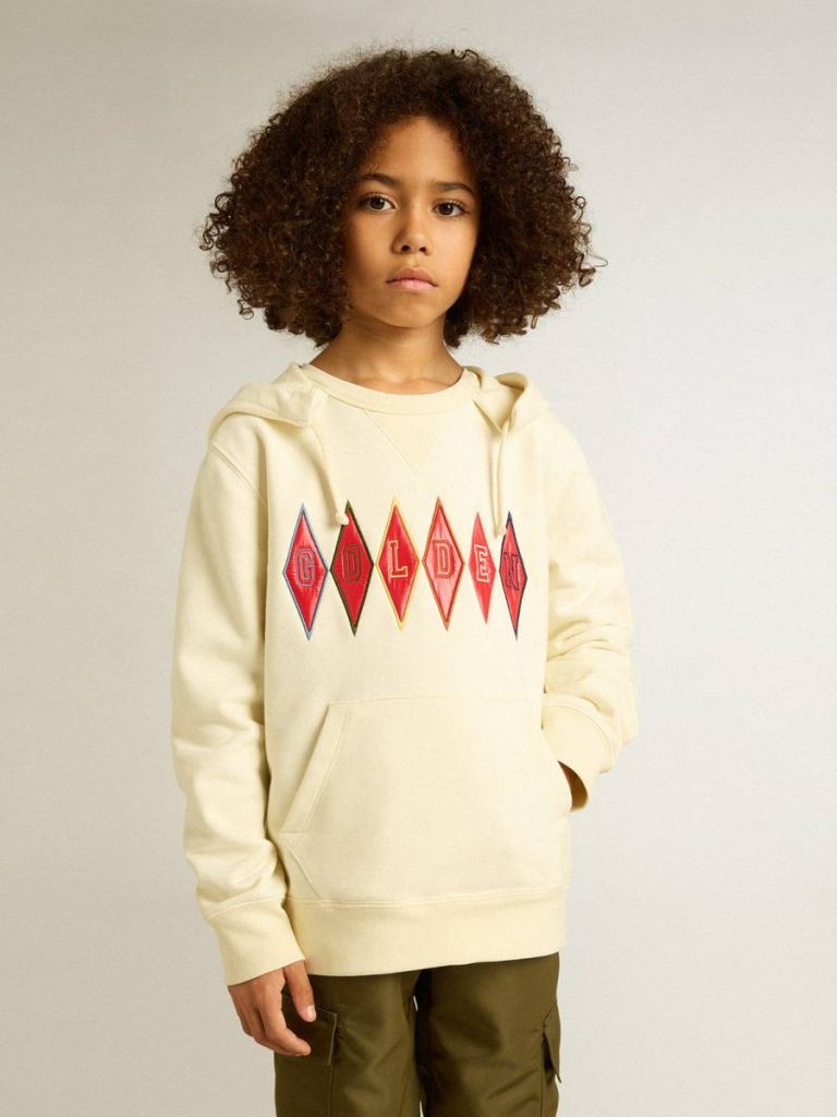 Kids Topwear Selection (4-12 Years) Aged White Golden Goose Hooded Sweatshirt In Worn White With Golden Embroidery On The Front
