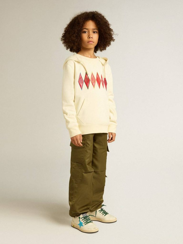 Kids Topwear Selection (4-12 Years) Aged White Golden Goose Hooded Sweatshirt In Worn White With Golden Embroidery On The Front