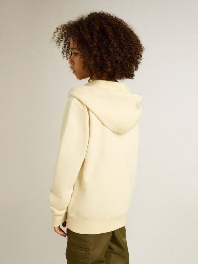 Kids Topwear Selection (4-12 Years) Aged White Golden Goose Hooded Sweatshirt In Worn White With Golden Embroidery On The Front