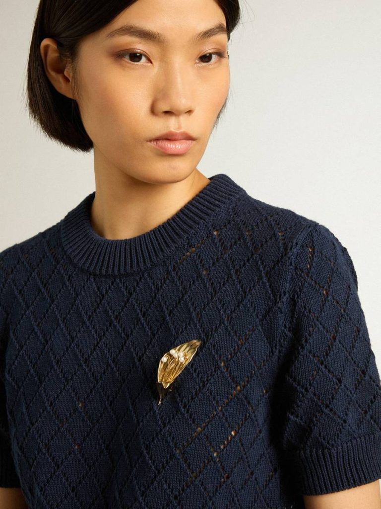 Knitwear Vintage White Golden Goose Open-Weave Knit With Midnight Blue Argyle Pattern Women