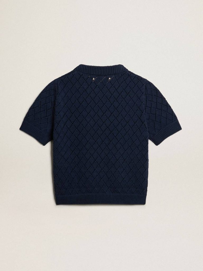 Knitwear Vintage White Golden Goose Open-Weave Knit With Midnight Blue Argyle Pattern Women