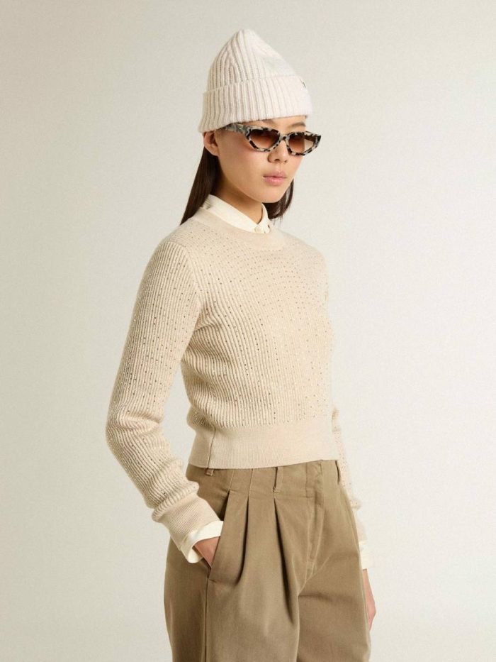Knitwear Women Beige Cropped Round-Neck Sweater In Beige Wool With All-Over Crystals Golden Goose