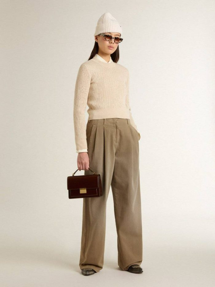 Knitwear Women Beige Cropped Round-Neck Sweater In Beige Wool With All-Over Crystals Golden Goose