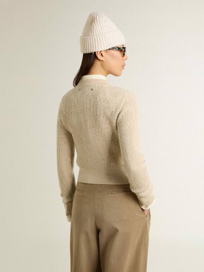 Knitwear Women Beige Cropped Round-Neck Sweater In Beige Wool With All-Over Crystals Golden Goose