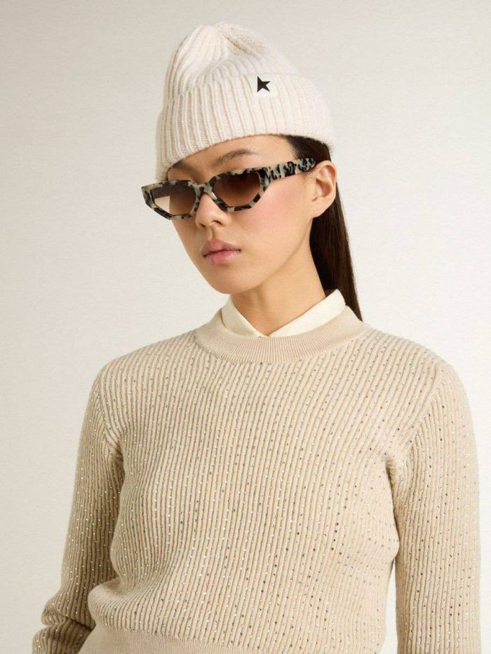 Knitwear Women Beige Cropped Round-Neck Sweater In Beige Wool With All-Over Crystals Golden Goose