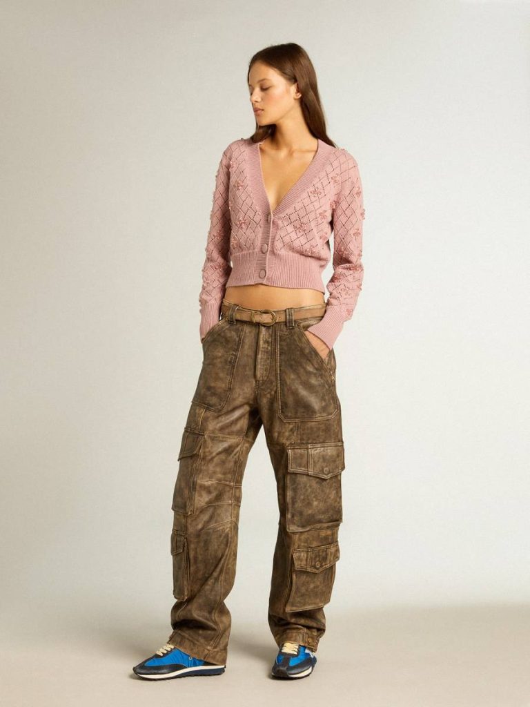 Knitwear Women Mauve Openwork Cotton Cropped Cardigan With Decorative Crystals Golden Goose