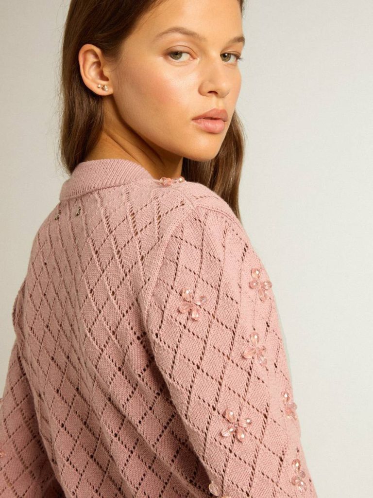 Knitwear Women Mauve Openwork Cotton Cropped Cardigan With Decorative Crystals Golden Goose