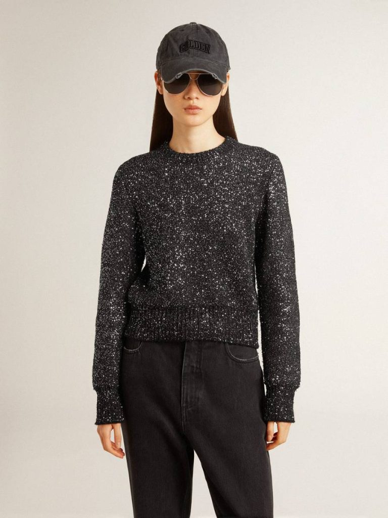 Knitwear Women Women's Black Wool Blend Cropped Sweater With All-Over Sequins Black Golden Goose