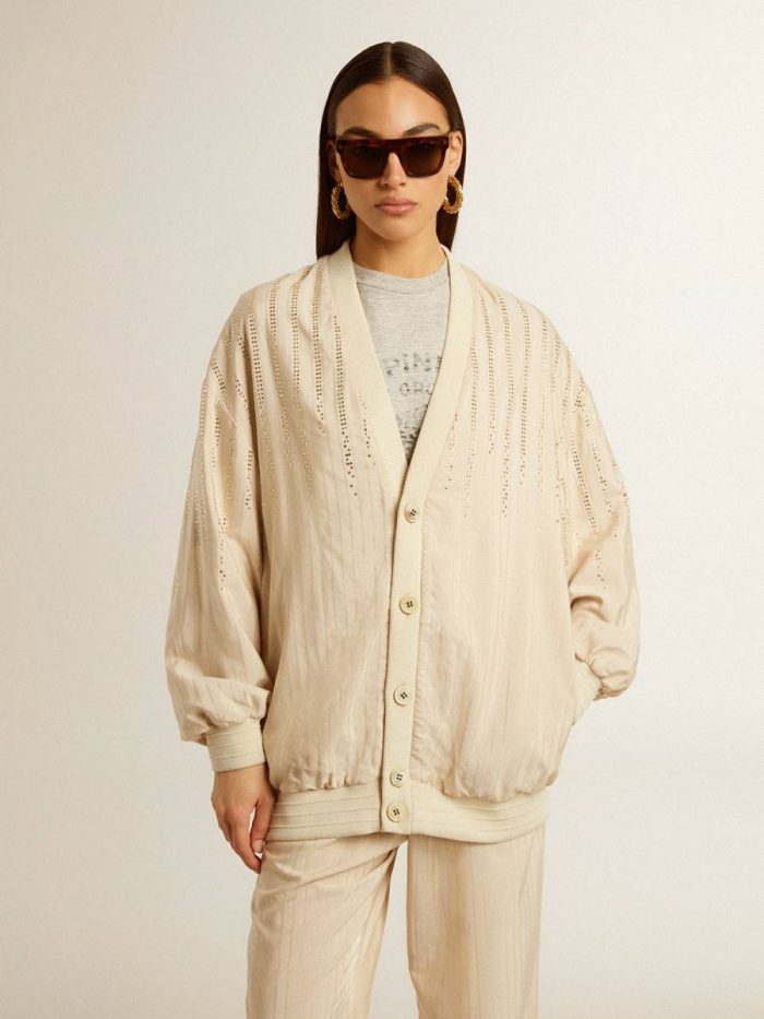 Light Brown Knitwear Golden Goose Women Women's Silk And Viscose Cardigan With Pinstripe Motif