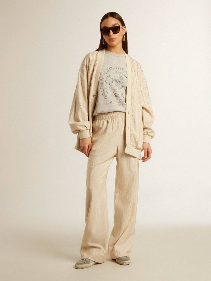 Light Brown Knitwear Golden Goose Women Women's Silk And Viscose Cardigan With Pinstripe Motif