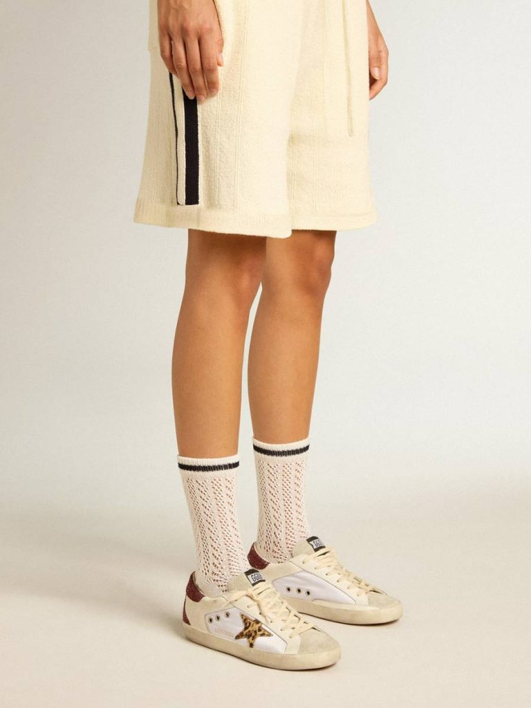 Long Ribbed Socks In Vintage White With Black Stripe Women Socks Golden Goose
