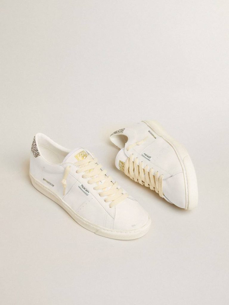 Matchstar In White Leather With Silver Glitter Heel Tab Golden Goose Ggdb Classics White Women