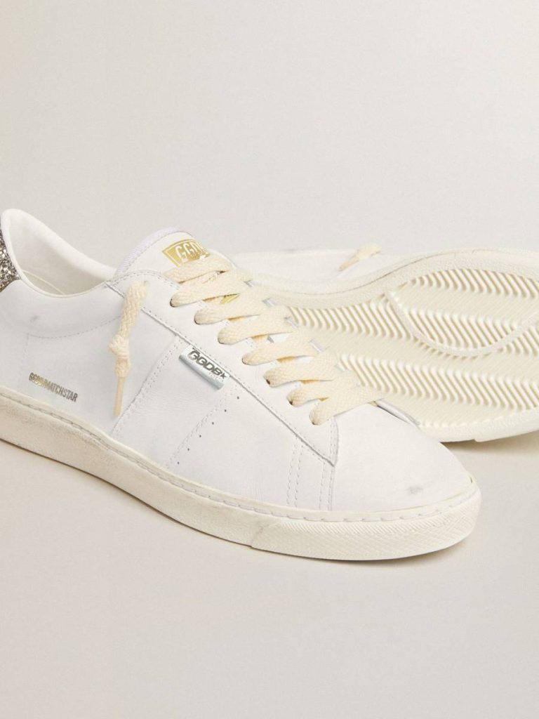 Matchstar In White Leather With Silver Glitter Heel Tab Golden Goose Ggdb Classics White Women