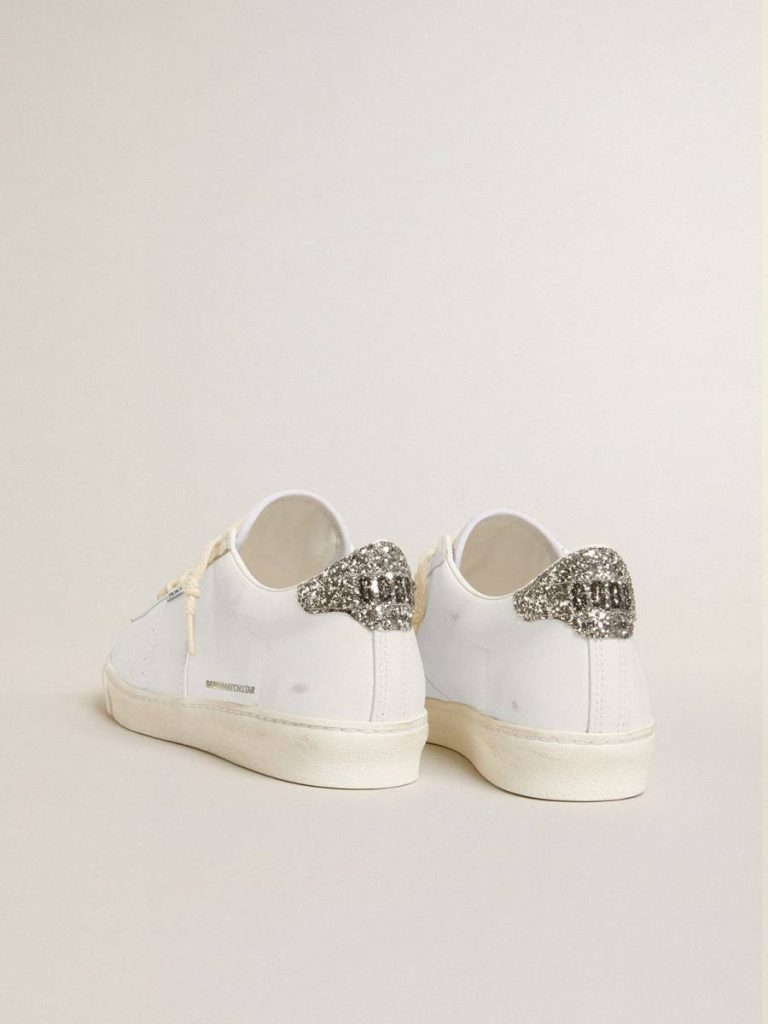 Matchstar In White Leather With Silver Glitter Heel Tab Golden Goose Ggdb Classics White Women