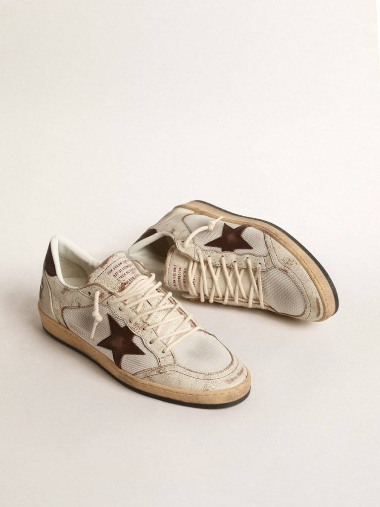 Men Ball Star Ball Star Ltd In Ecru Leather And White Mesh With Brown Star Ecru Golden Goose