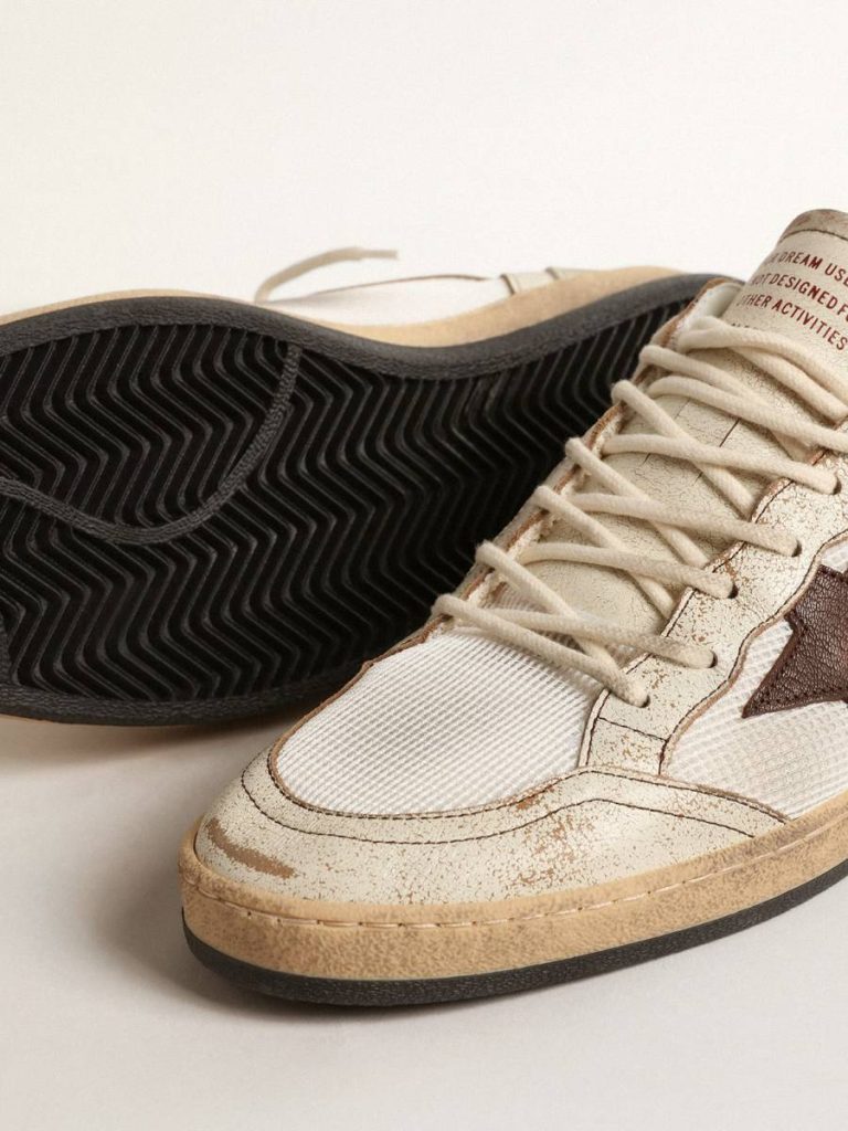 Men Ball Star Ball Star Ltd In Ecru Leather And White Mesh With Brown Star Ecru Golden Goose