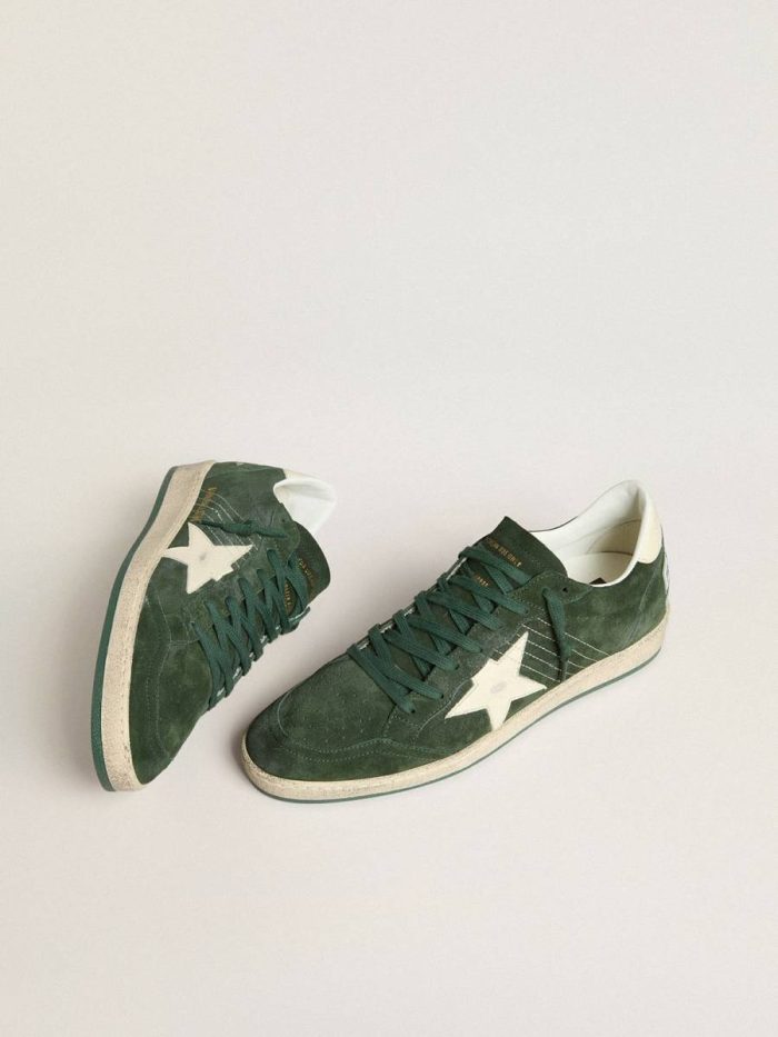 Men Ball Star Men's Ball Star In Green Suede With White Leather Star And Heel Tab Golden Goose