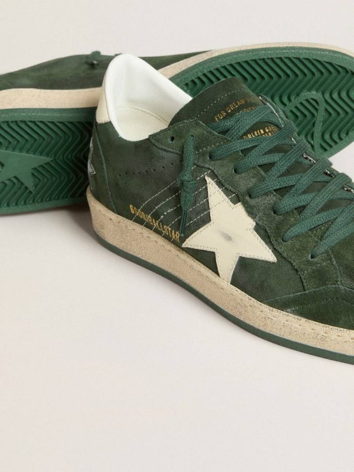 Men Ball Star Men's Ball Star In Green Suede With White Leather Star And Heel Tab Golden Goose