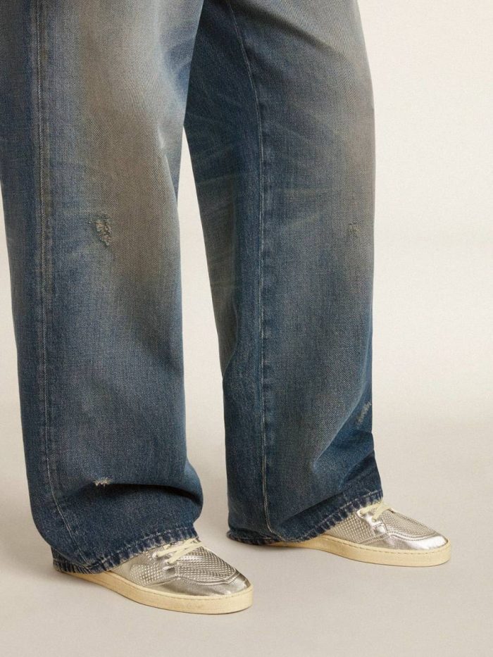 Men Bio-Based Ball Star In Metallic Silver With Silver Star And Red Heel Tab Ball Star Golden Goose