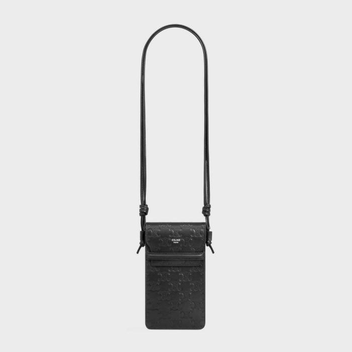 Men Celine Black Tech Accessories Phone Pouch In Calfskin With Triomphe Embossed