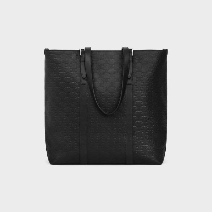 Men Celine Tote Bags Cabas With Buckle In Calfskin With Triomphe Embossed Black