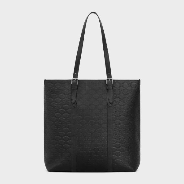 Men Celine Tote Bags Cabas With Buckle In Calfskin With Triomphe Embossed Black
