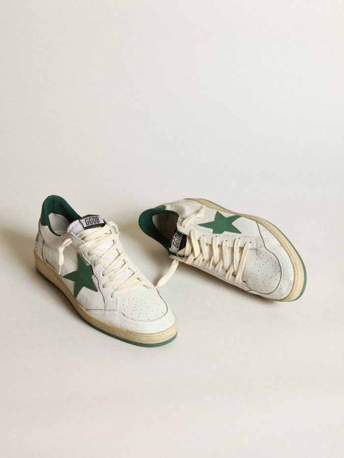 Men Golden Goose Ball Star Men's Ball Star In White Nappa Leather With Green Leather Star And Heel Tab