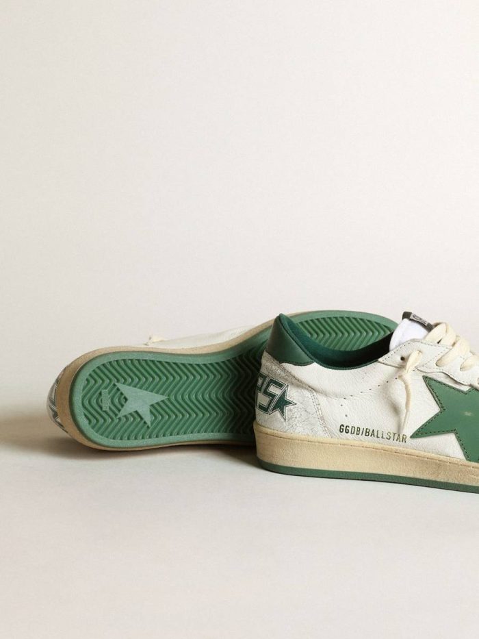 Men Golden Goose Ball Star Men's Ball Star In White Nappa Leather With Green Leather Star And Heel Tab