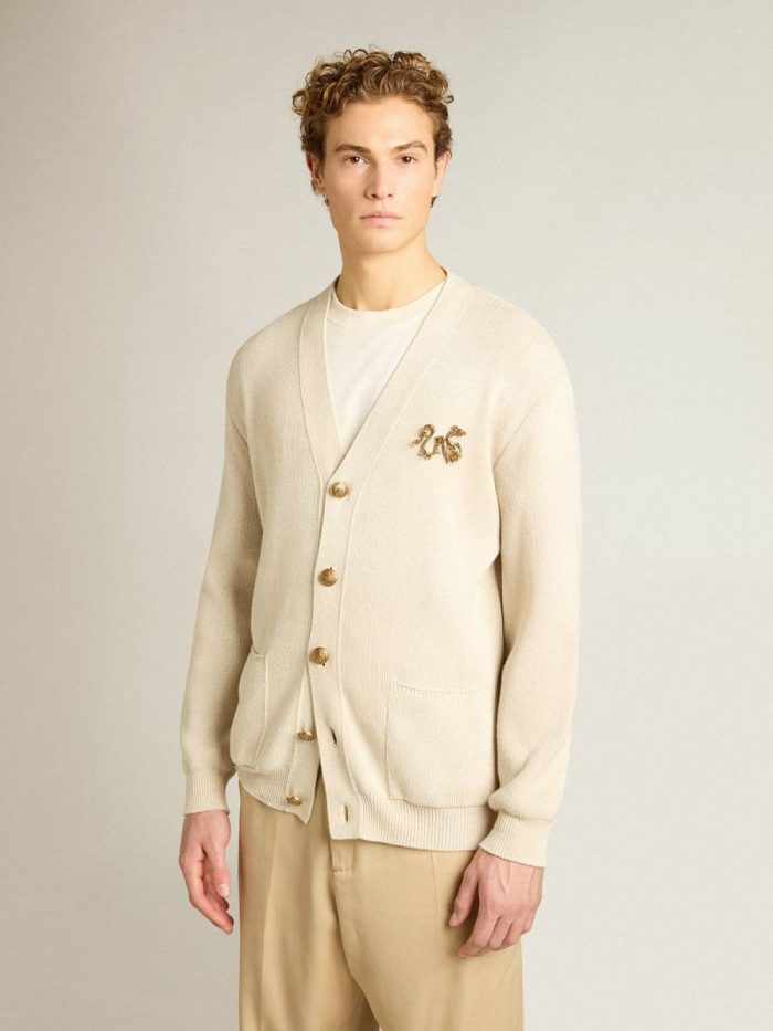 Men Golden Goose Knitwear Aged White Cardigan In Aged White Cotton With Gold Button Fastening