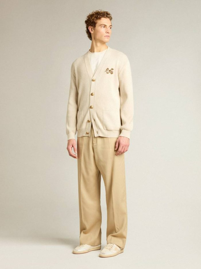 Men Golden Goose Knitwear Aged White Cardigan In Aged White Cotton With Gold Button Fastening